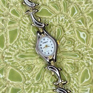 Y2K Dolphin Link Bracelet Watch Time Zone Quartz Two Tone Silver Gold